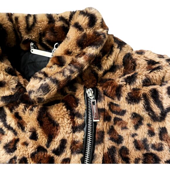 JouJou Short Tan/Brown Cheetah Print Faux Fur Jacket Womens Size L - Picture 2 of 10